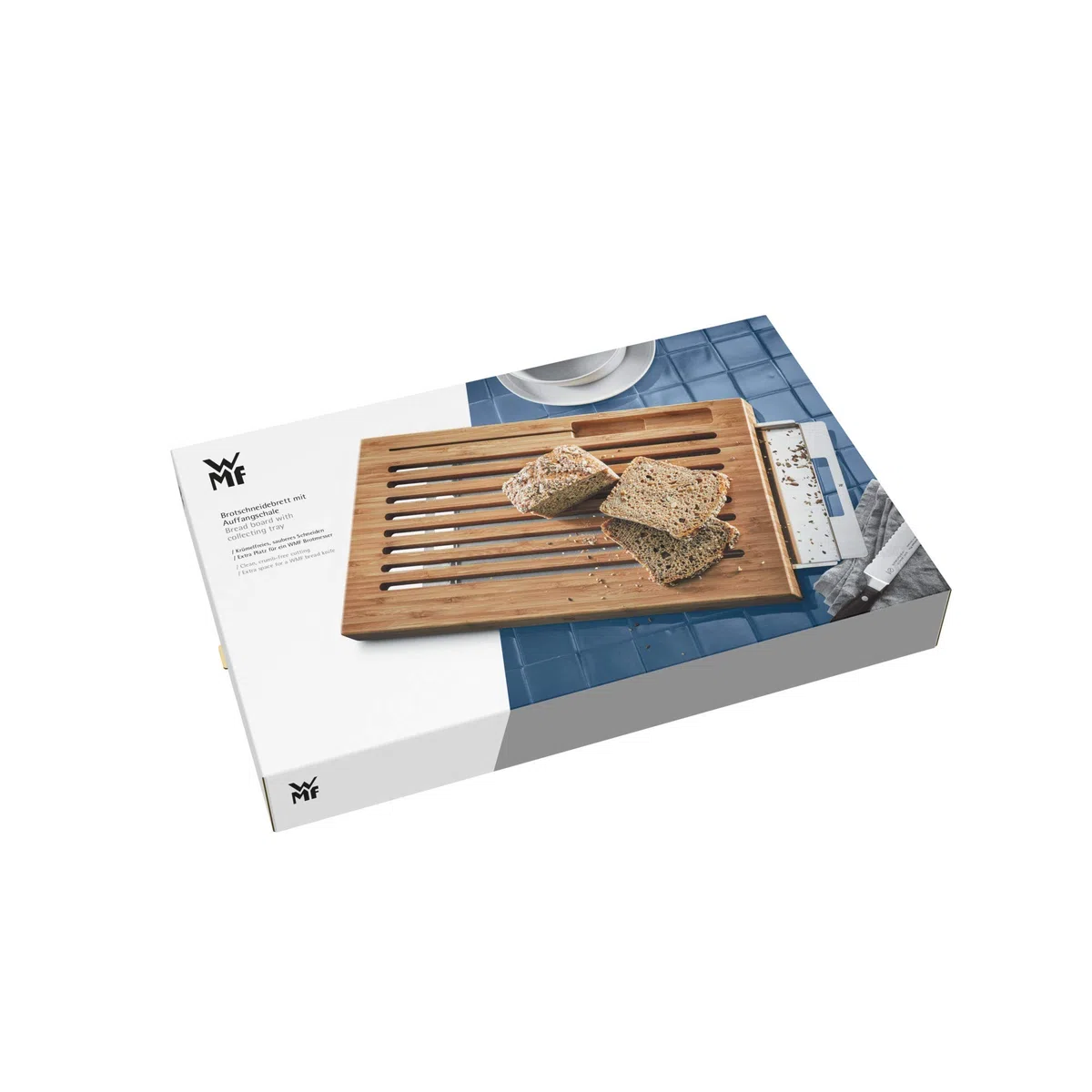 WMF Tabla para cortar pan con recogemigas, tabla de cortar con bandeja colectora 44 x 27 x 4,8 cm, tabla de cortar de madera con bandeja para migas, bambú, forma de rejilla, suave con las cuchillas