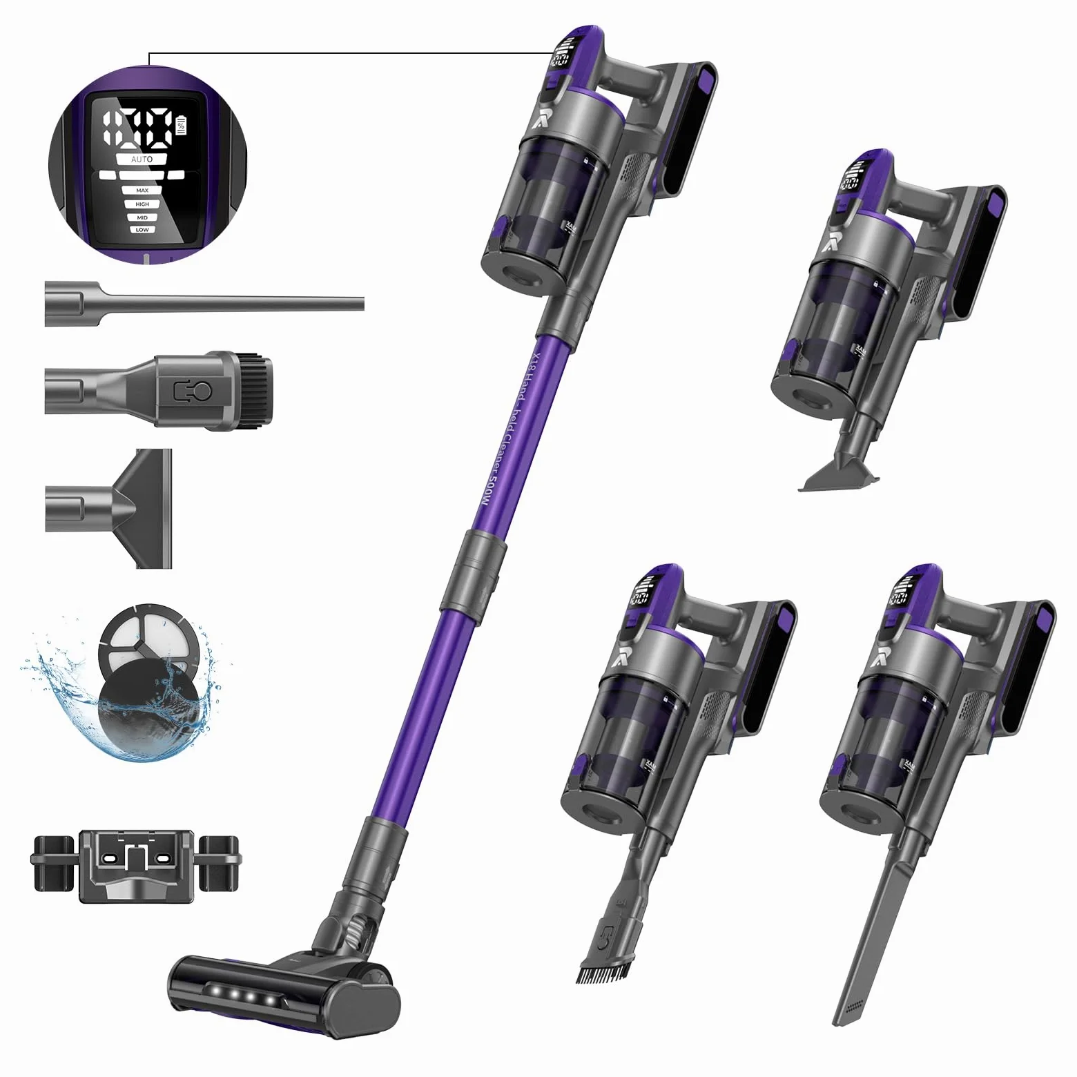 X18 Aspiradora inalámbrica, 33KPA/500W/65Min, Cepillo eléctrico inalámbrico 4 en 1 con 4 niveles de aspiración regulables, Aspiradora vertical potente para suelos, alfombras, pelo de animales