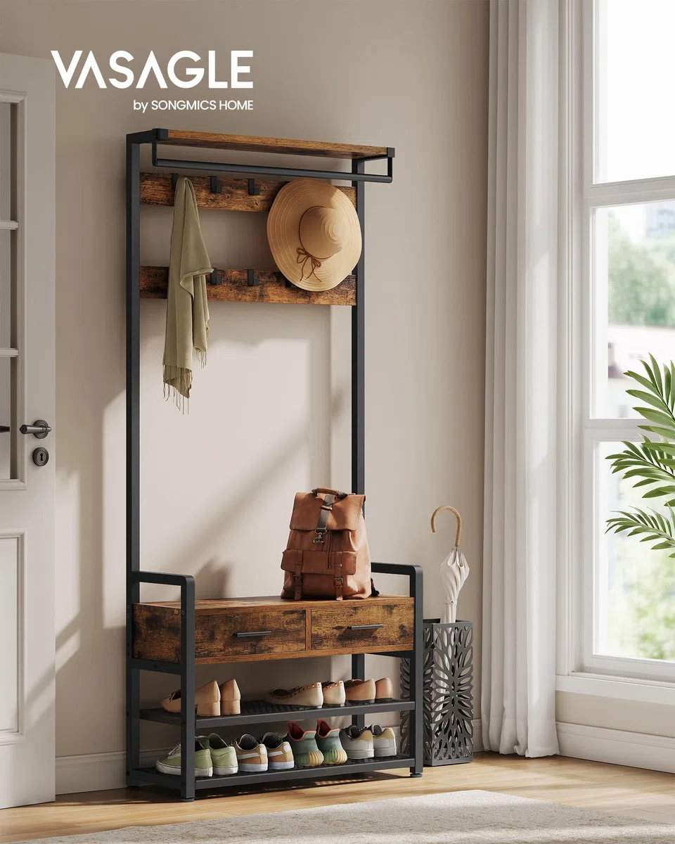 VASAGLE Perchero Recibidor, Mueble de Entrada con 10 Ganchos Extraíbles, 2 Cajones, Banco Zapatero, Diseño Separable, 30 x 80,4 x 181,6 cm, Marrón Rústico y Negro Tinta HSR429B01