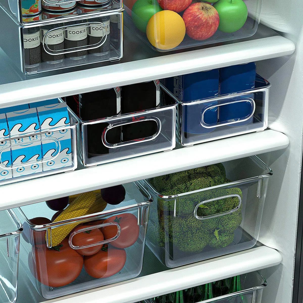 Finew Juego de 4 Cajas de Almacenaje de Refrigerador Apilables, Organizadores Transparentes Plásticos Apilables de Nevera, para Cocina Despensa Gabinete Baño Armario Cajón - 2 Grandes / 2 Medianos