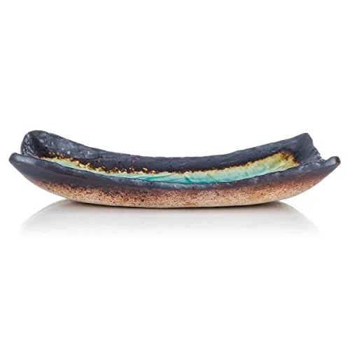 Gran Plato De Cerámica Placa Oblonga Japonés Para Sushi Y Cocina Asiática En Crackleglaze Azul - 26cm