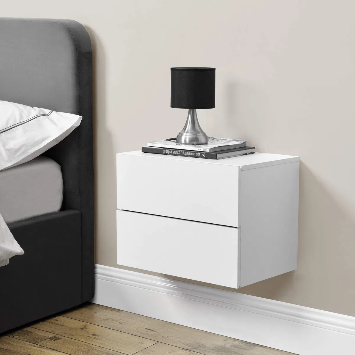 [en.casa] Mesa de Noche Flotante Ampfing con 2 Cajones Mesita de Noche Auxiliar Suspendida Dormitorio Recibidor Salón 40 x 29 x 30 cm - Blanco