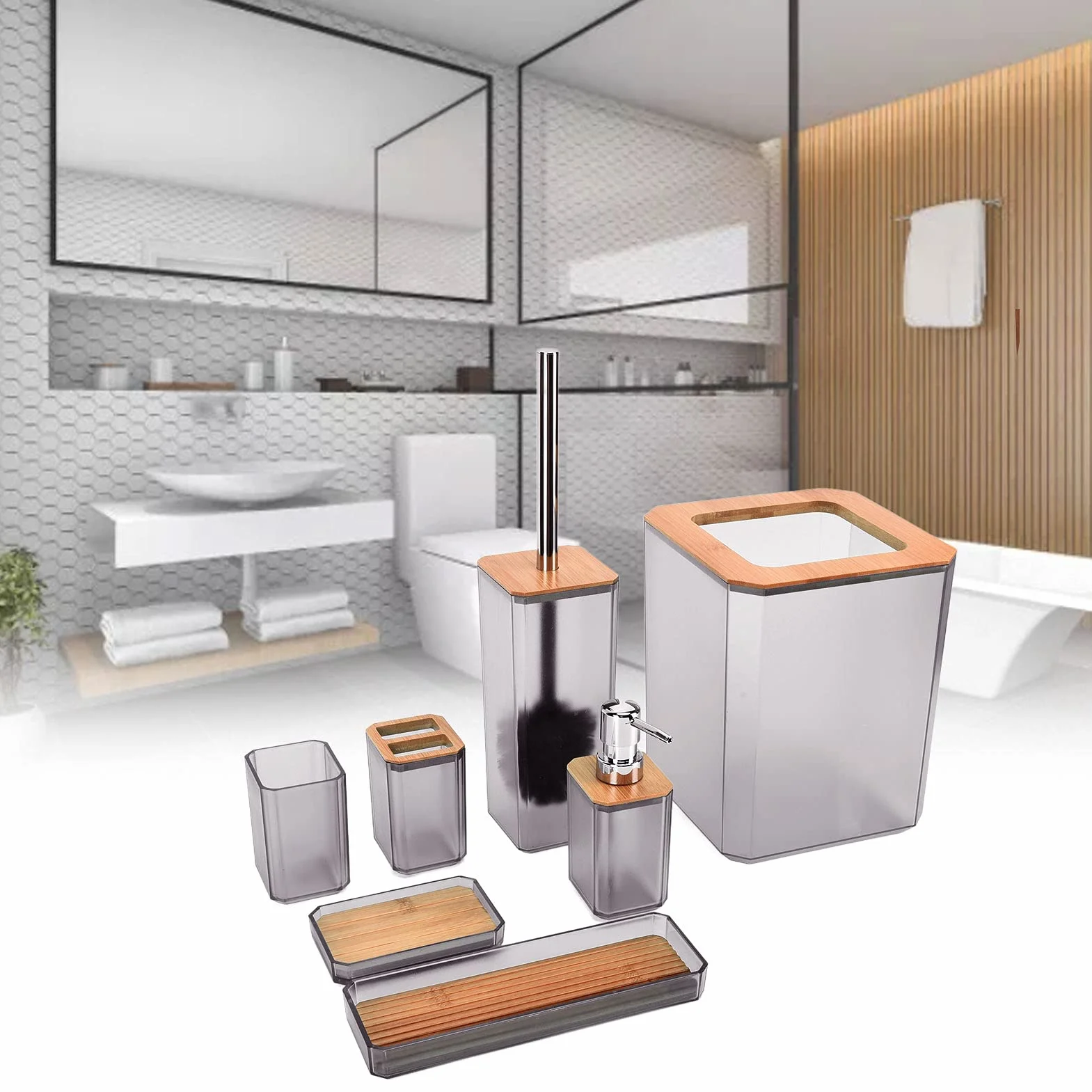 Cocoarm Juego de Accesorios de Baño de bambú, Juego de Baño de 7 Piezas con Caja de ABS, Soporte para Cepillo de Dientes, Escobilla de, Bandeja para Bote de Basura para el Hogar, Hotel, (Gray)