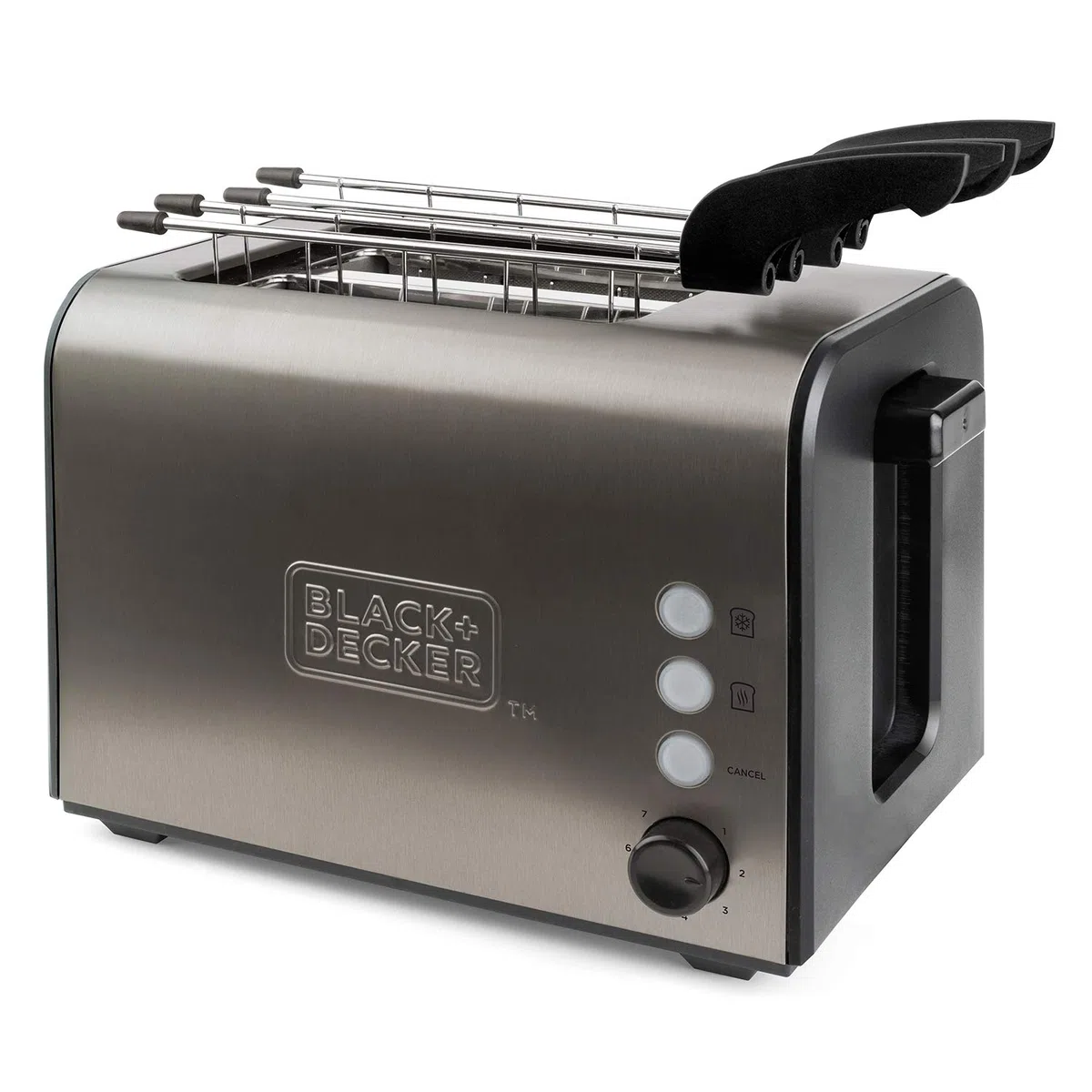 Tostadora Black+Decker con 2 ranuras extra anchas y con accesorio para sandwitch. 900W. Inox