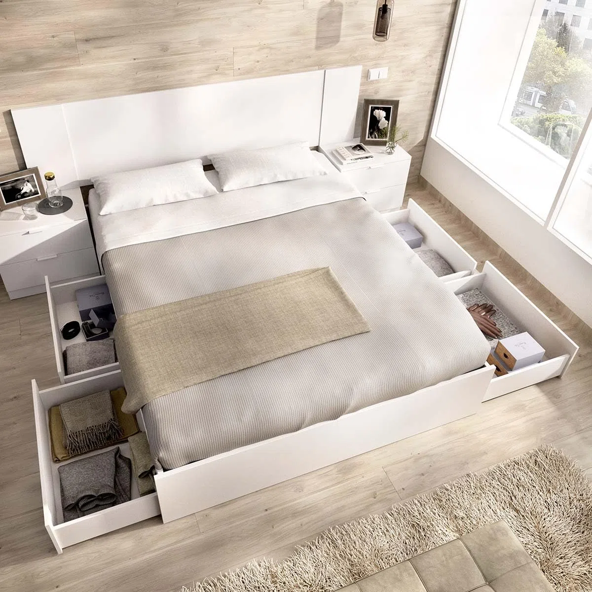 DEKIT - Pack Ahorro Dormitorio Cama Alice de 4 cajones con Cabezal len con 1 Colchón viscoelástico con muelles ensacados Aurea 150 x 190cm y 1 Somier de Lama Ancha