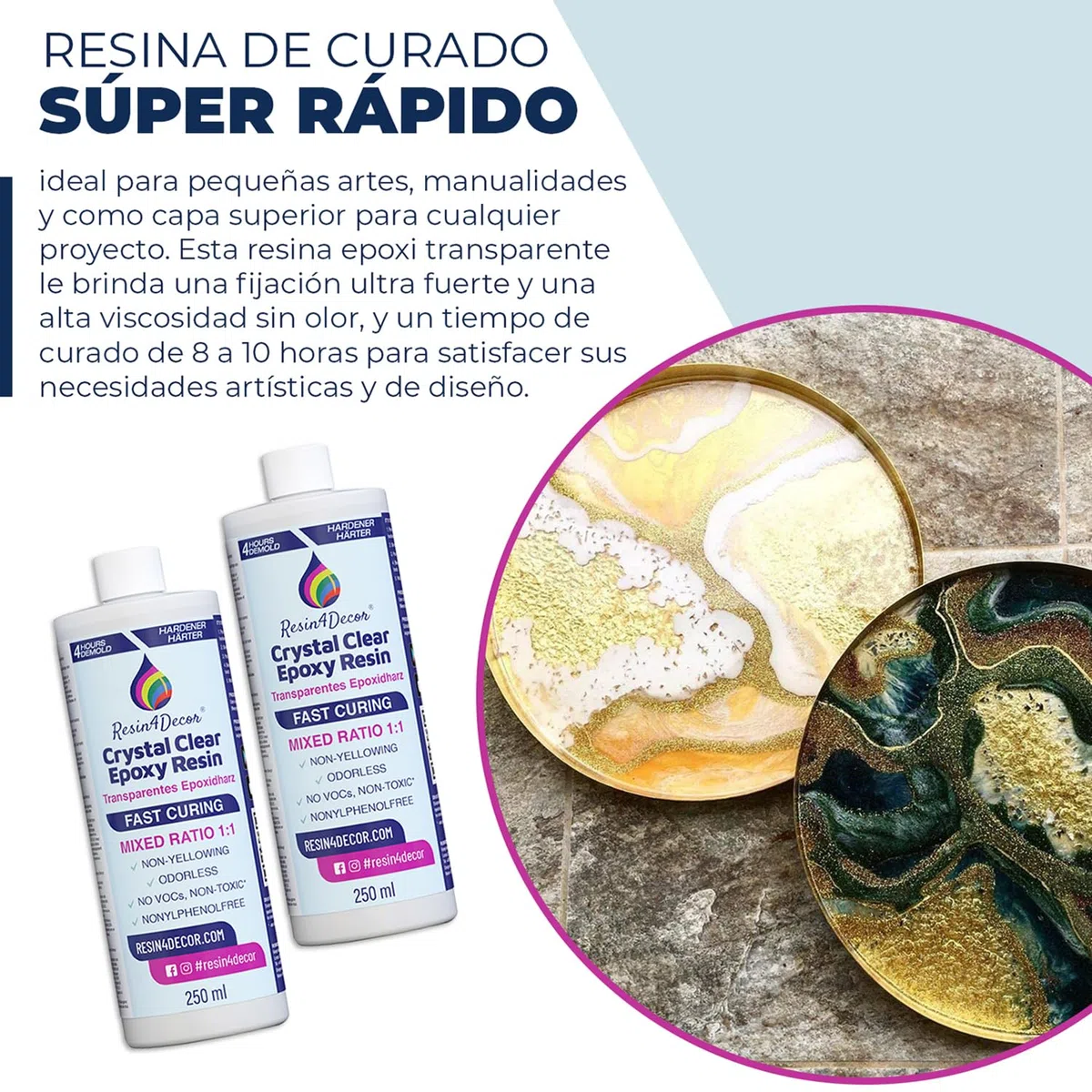 Resina Epoxi Transparente de Curado Rápido (4h desmoldado) RESIN4DECOR 1:1 Resina y Endurecedor Para Manualidades Fabricación de Joyas No Amarillea Acabado de Alto Brillo Resistente al Calor - 3780ml