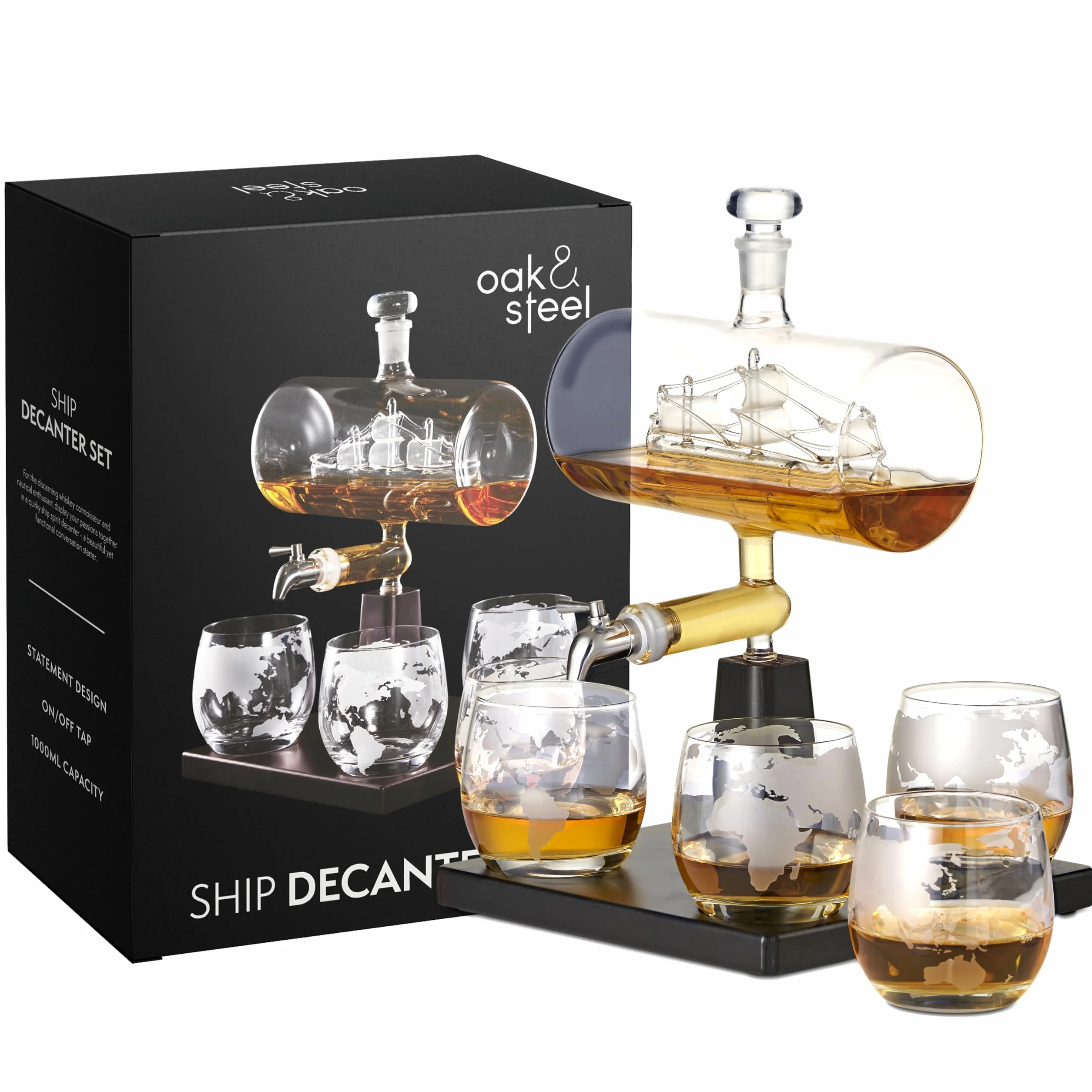 Oak & Steel - Juego Decantador De Whisky mas Set de 4 Vasos - Decantador Aireador para Bebidas Espirituosas Ideal para Ocasiones Especiales - Capacidad de 1000 ml