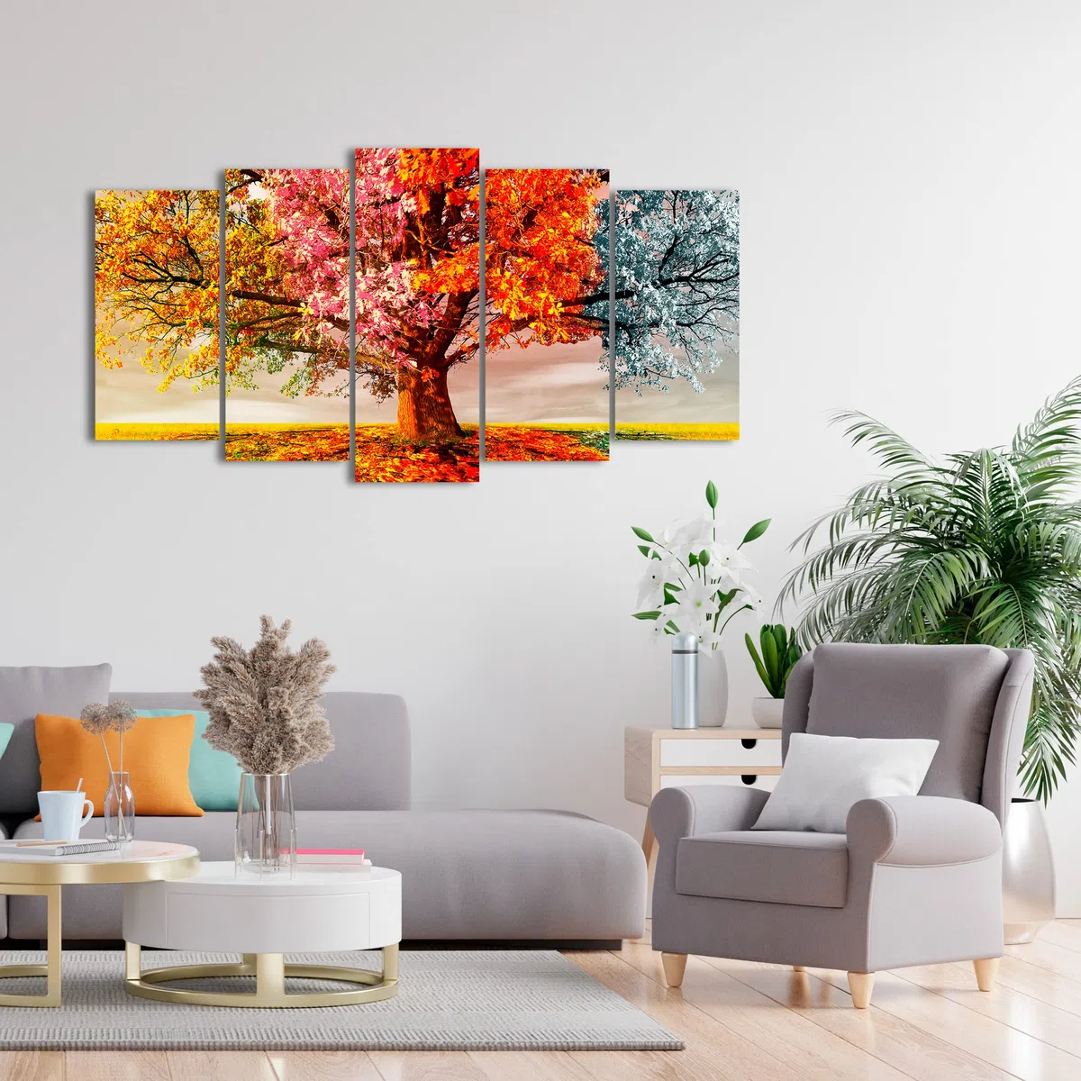 DekoArte - Cuadros Modernos Impresión Imagen Artística | 5 Piezas 150x80cm | Lienzo Decorativo Para Tu Salón o Dormitorio | Estilo Paisaje Árboles Cuatro Estaciones Del Año