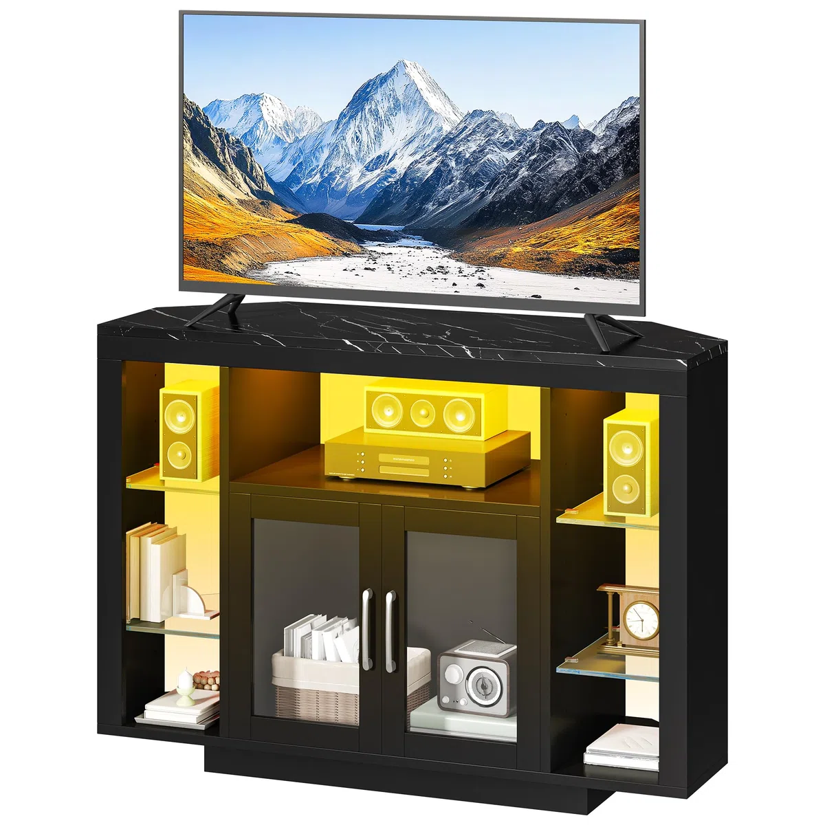 YITAHOME 100CM Mueble de TV esquinero con iluminación led RGB, Unidad de TV de Esquina para TV de hasta 55 Pulgadas con 7 estantes Abiertos del Centro de Entretenimiento de Juegos Estante de TV