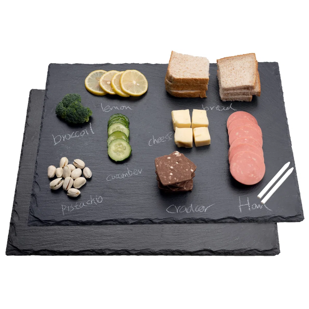 WLWNWFT Juego de 2 placas de pizarra, 40 x 30 cm, con rotulador de tiza, bandeja para servir, placas de queso, tapas para buffet, color negro