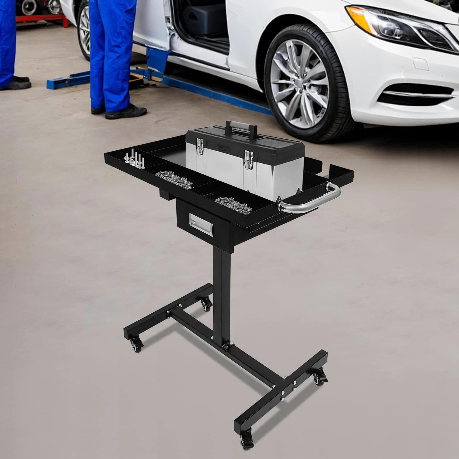 Carro de herramientas con cajón | Mesa de trabajo móvil para garaje y taller | Construcción de acero, 4 ruedas de freno, capacidad de carga de 100 kg y bandeja organizativa (negro)