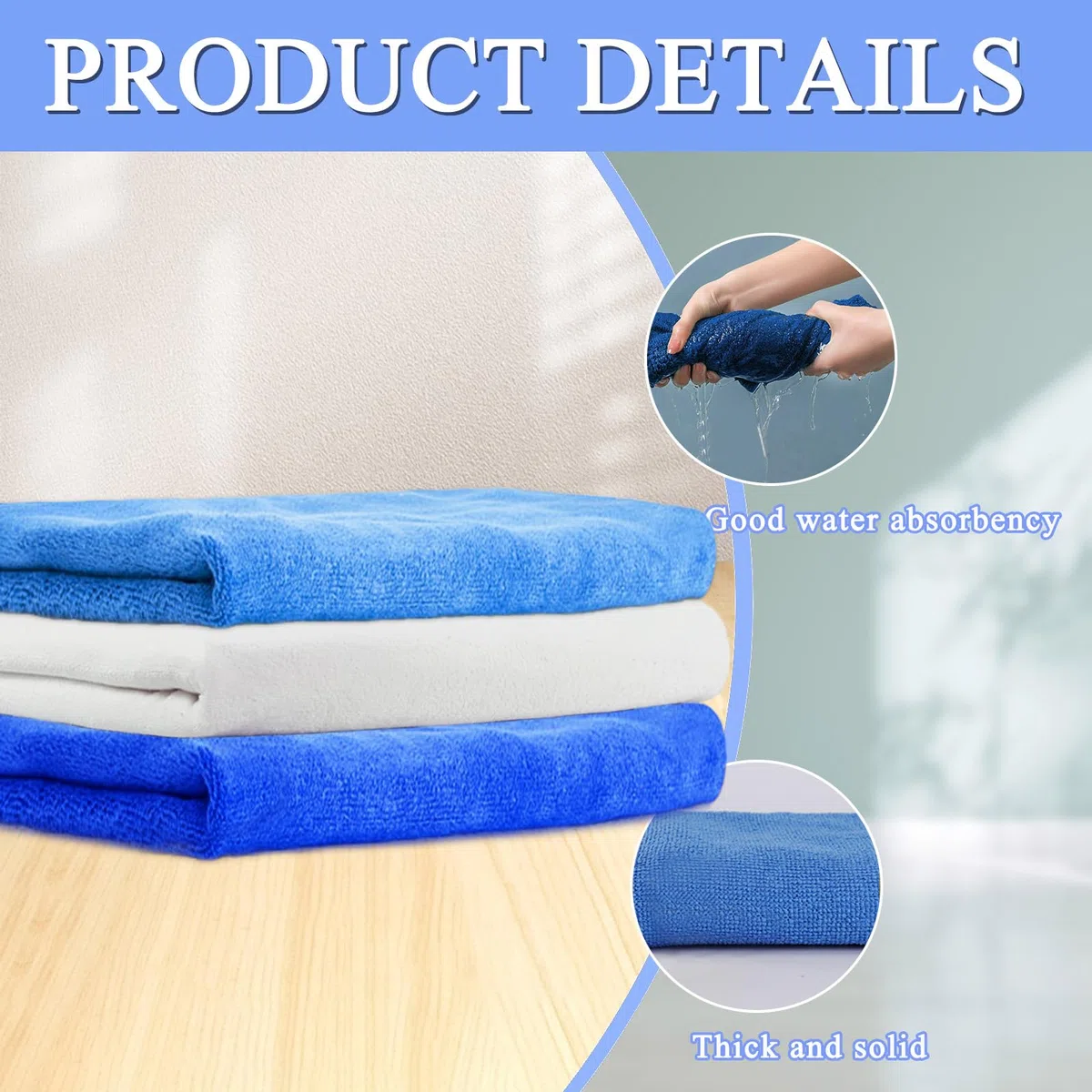 Paño de limpieza de microfibra extra grande de 20 x 30 pulgadas, 6 trapos lavables y reutilizables, toallas de microfibra para limpieza de fregona, oficina, baños, limpieza de casa (azul, blanco)