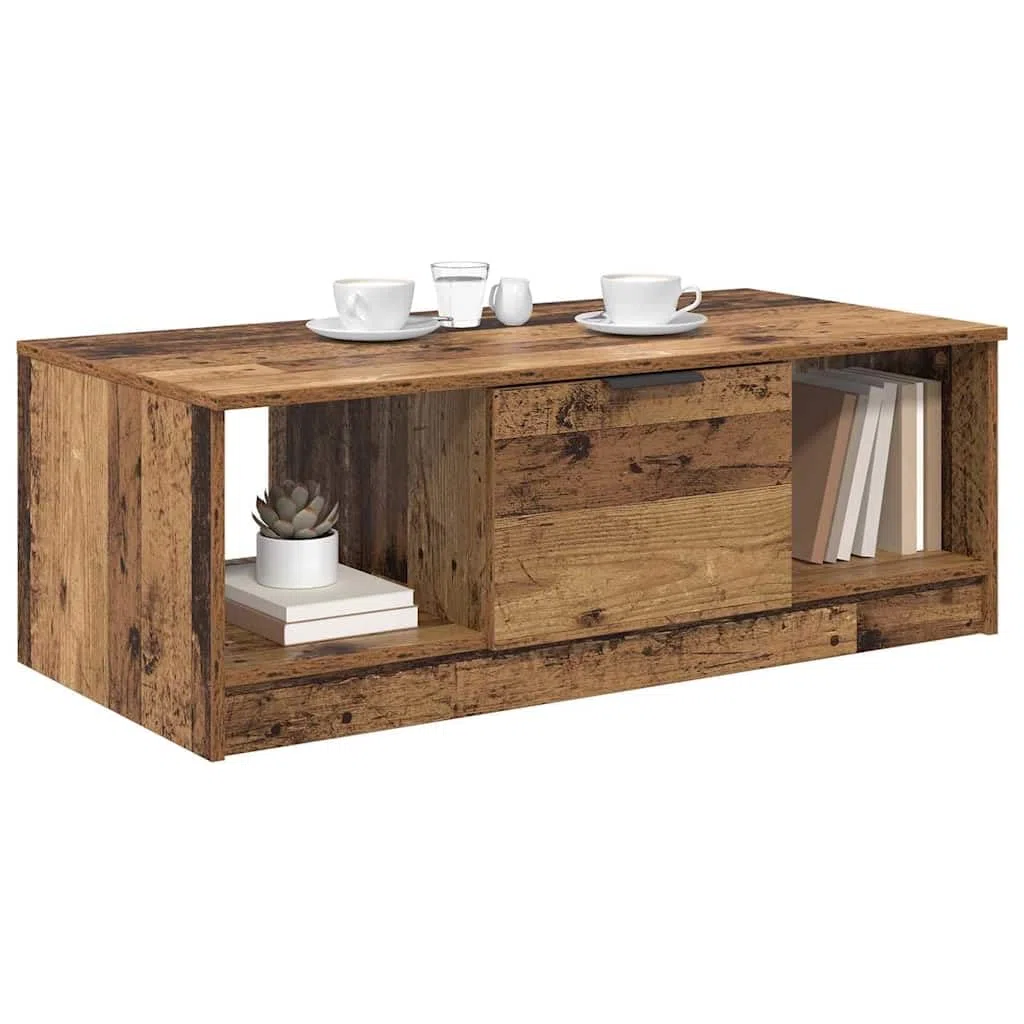 Mesa de centro con cajones de madera recuperada de 102 x 50 x 36 cm, mesa de salón con espacio de almacenamiento y estante, mesa auxiliar moderna para salón y sofá