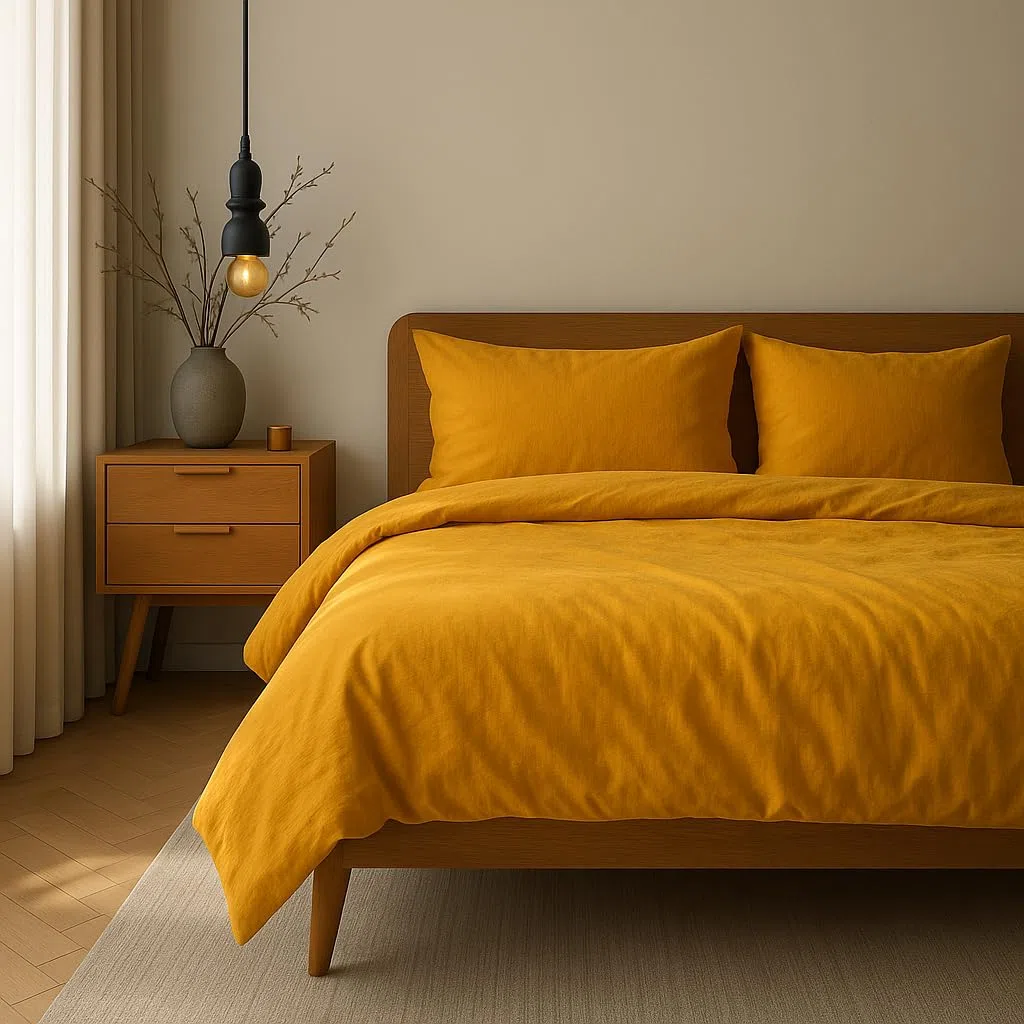 VEL VET HOME Ropa de cama de 135 x 200 cm, algodón, funda nórdica de 135 x 200 cm con funda de almohada de 80 x 80 cm, alta calidad, con cremallera, 100% algodón, fabricado en la UE, mostaza, color