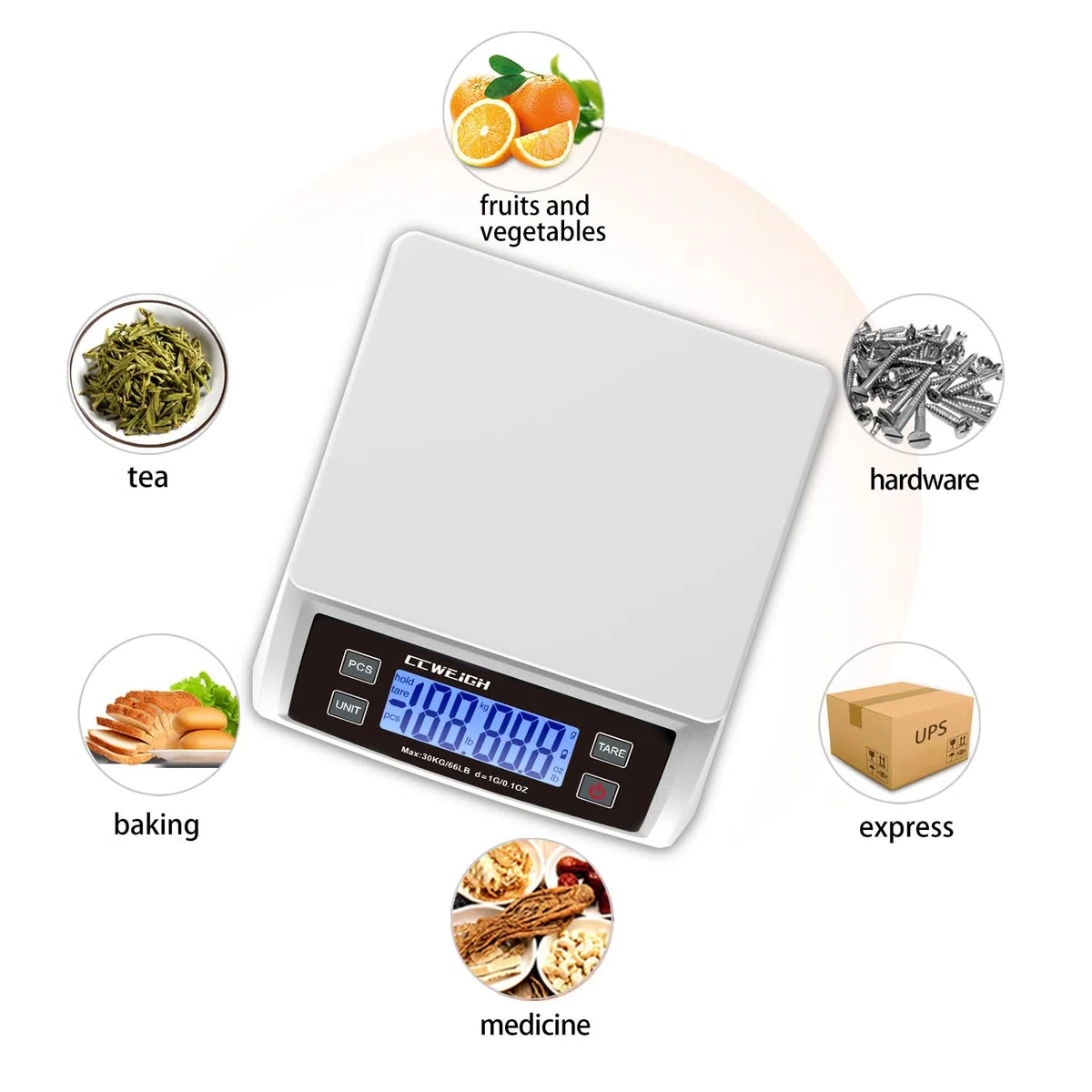 Báscula digital de cocina de 30 kg, báscula de pan inoxidable con pantalla LCD, conversión de múltiples unidades para hornear, supermercado y entrega rápida, báscula de conteo (blanco)