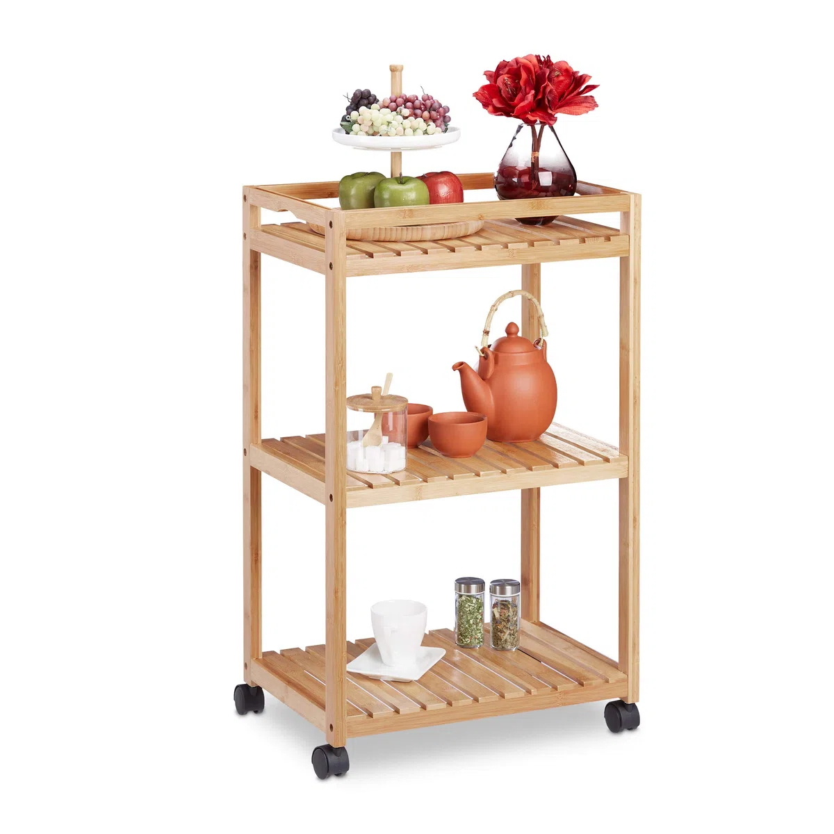 Relaxdays Camarera de 3 Pisos, Carrito Cocina, Carro Auxiliar Bambú con Ruedas Plástico, 77 x 47 x 32,5 cm, Marrón