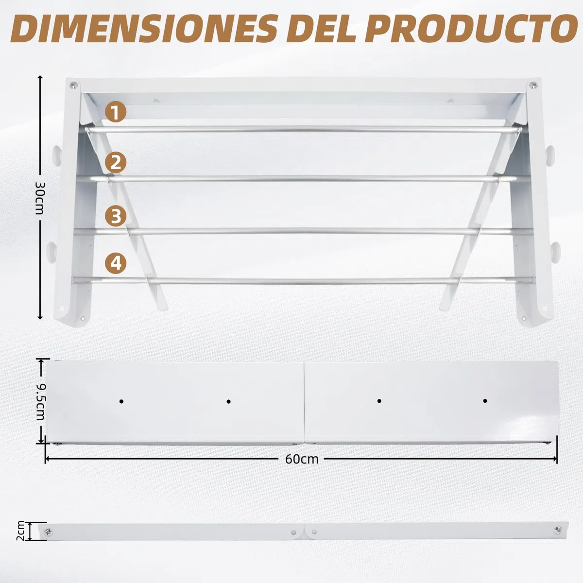 Tendedero de pared de acero al carbono, 60 cm, tendedero extensible con 4 ganchos, capacidad de carga de 25 kg, toallero de ahorro de espacio, adecuado para balcones, terrazas y baños (blanco)
