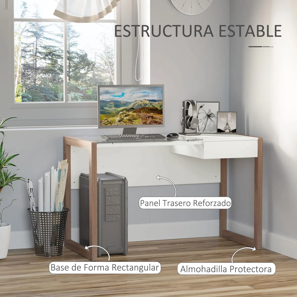 HOMCOM Mesa de Ordenador Diseño Moderno Cajón Oficina 120x60x75 cm Blanco | Mesa de Escritorio, Tablero de Vidrio Templado, Combinación de Estilos, Estudio