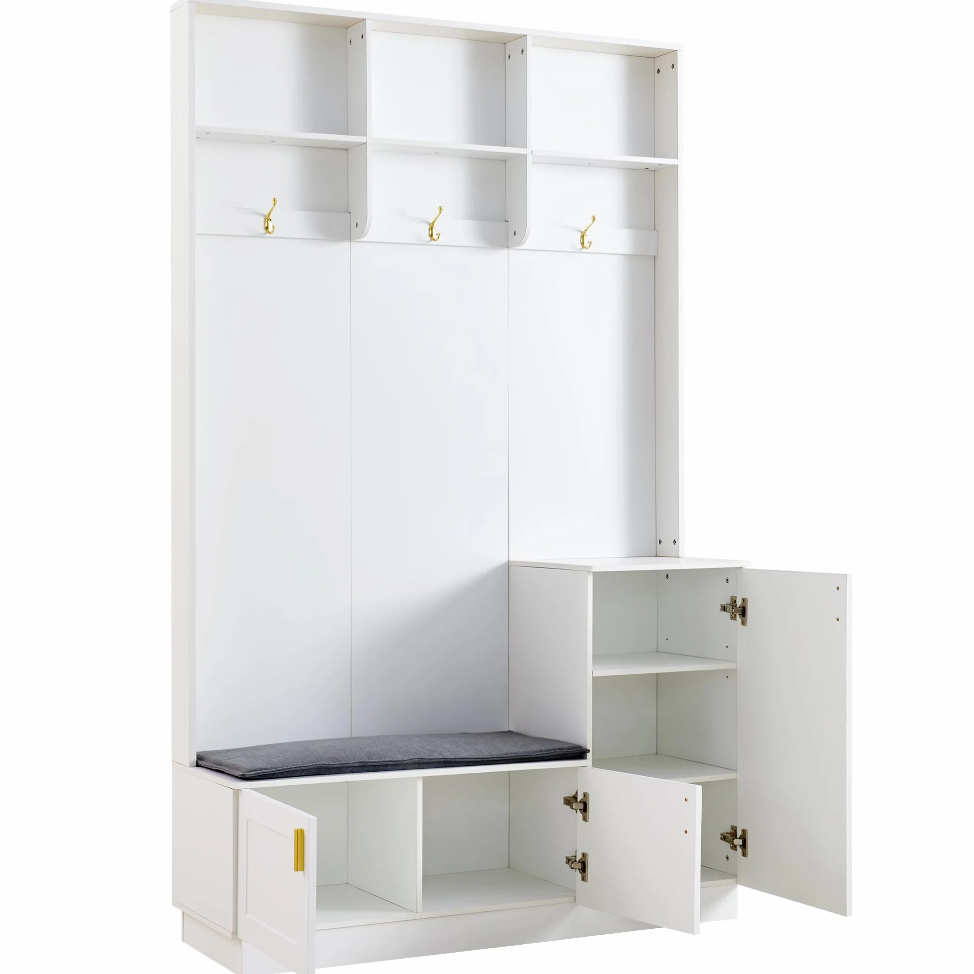 H200/B120/T40 cm con banco y zapatero, banco de almacenamiento multifuncional con 3 ganchos colgantes y espacio de almacenamiento abierto, almacenamiento rectangular y estantes para pasillo, color