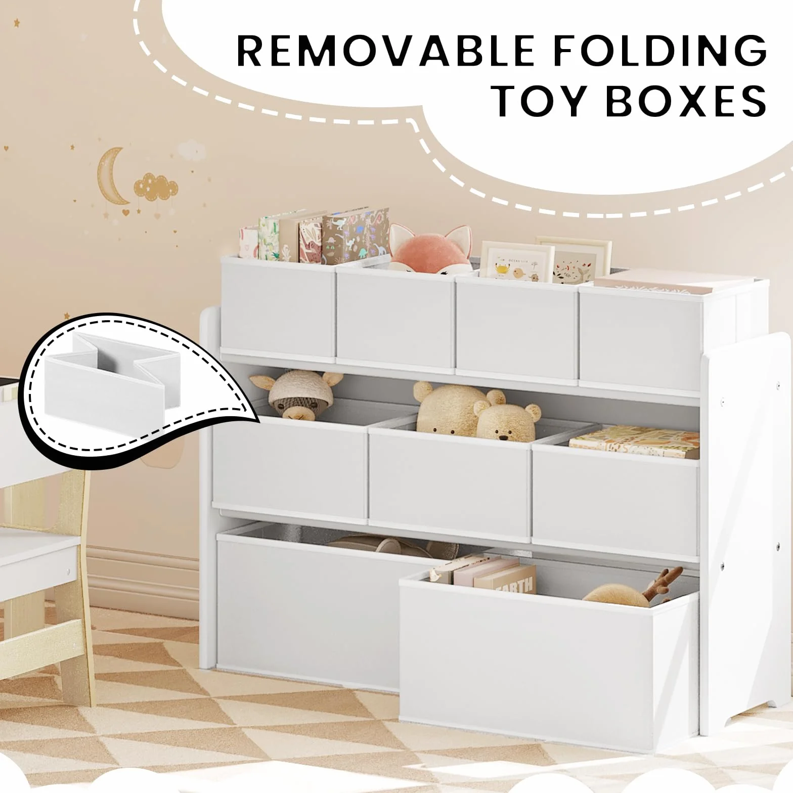 Lestarain Organizador de Juguetes para Niños, Estanteria Infantil de Almacenaje de 9 Cajas, Mueble Infantil de 3 Niveles, Estantería para Habitación, Sala de Juegos y Guardería, Blanco, 92x60x30 cm