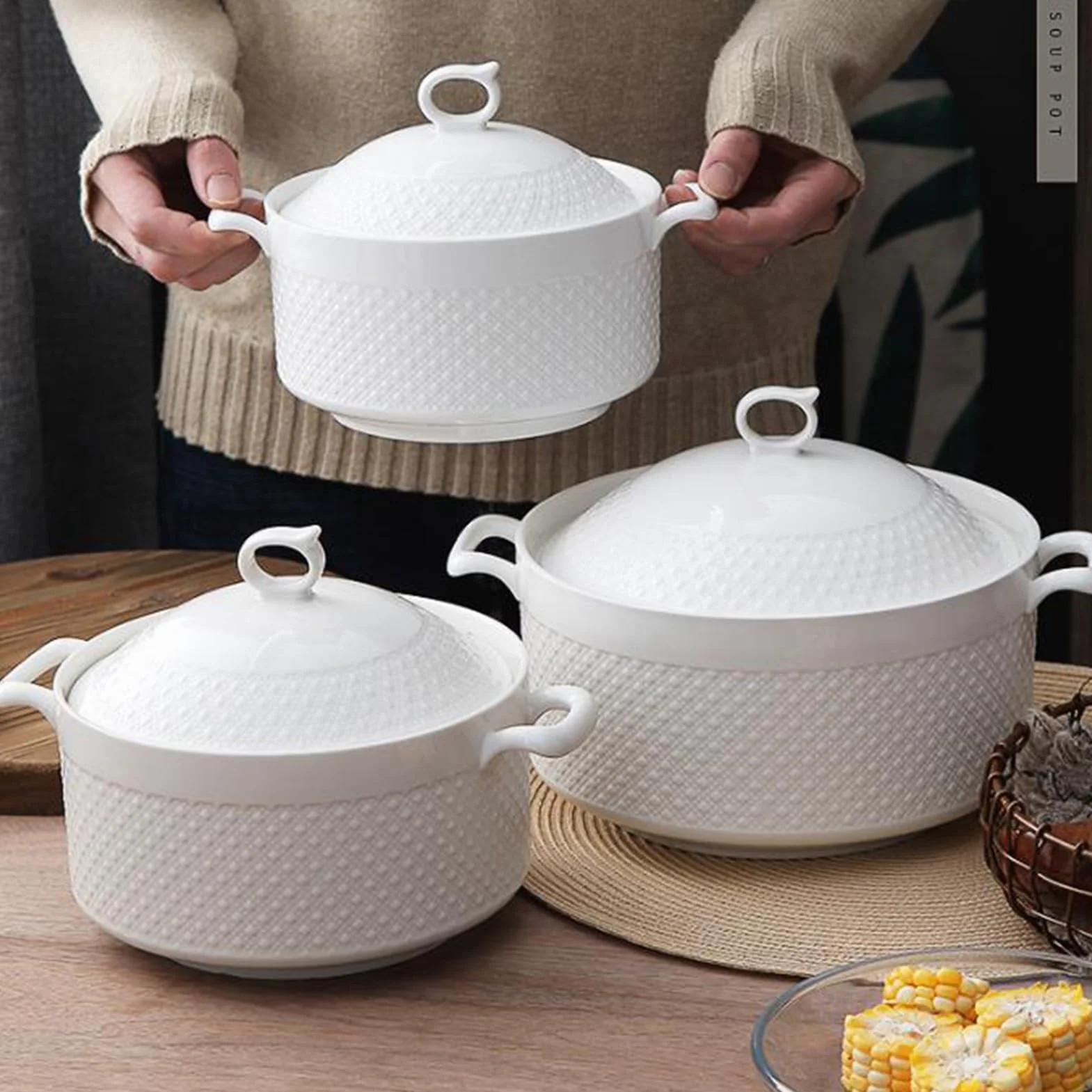 Tureen - Cuenco de cerámica de porcelana con tapa para cocina doméstica