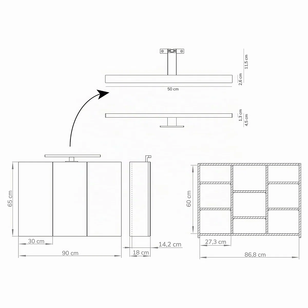 Baikal Mueble Camerino con Espejo, Armario Auxiliar de Baño Multiusos, Opción con o sin Luz LED. Mueble de Pared de fácil colocación. Armario MONTADO. Acabado Blanco. Camerino LED 90 cm
