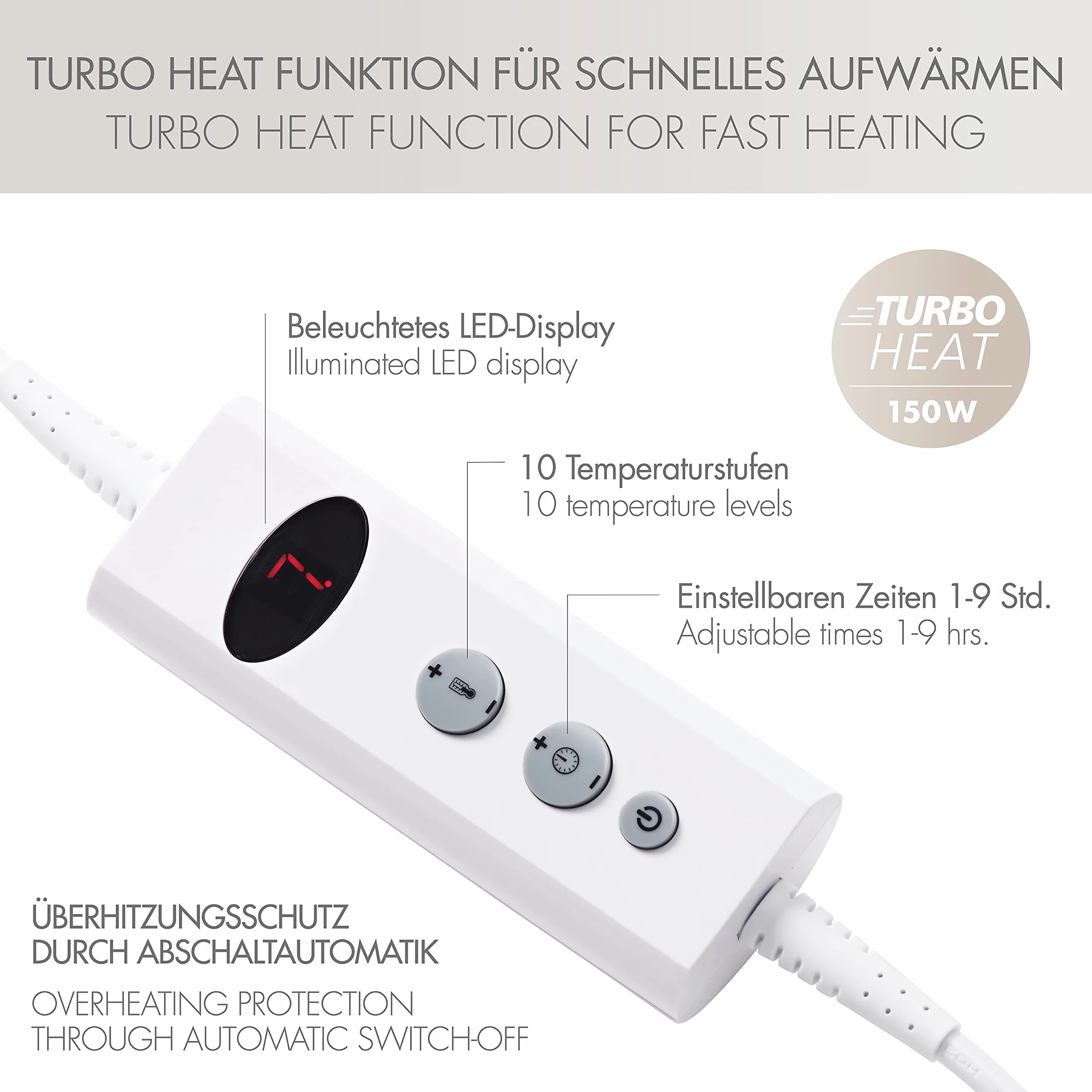 Promed Manta eléctrica lavable con apagado automático, manta eléctrica acogedora, aproximadamente 180 x 130 cm con 10 niveles de temperatura, manta cálida para cuello, hombros y espalda