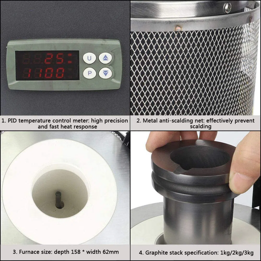 Horno Eléctrico de Fusión de Oro, 1KG/2KG/3KG Horno de Fusión Automático Digital Alta Eficiencia Horno Fundición Joyería Refinación Fundición de Metal para Chatarra Fundida Plata Cobre Aluminio,2KG