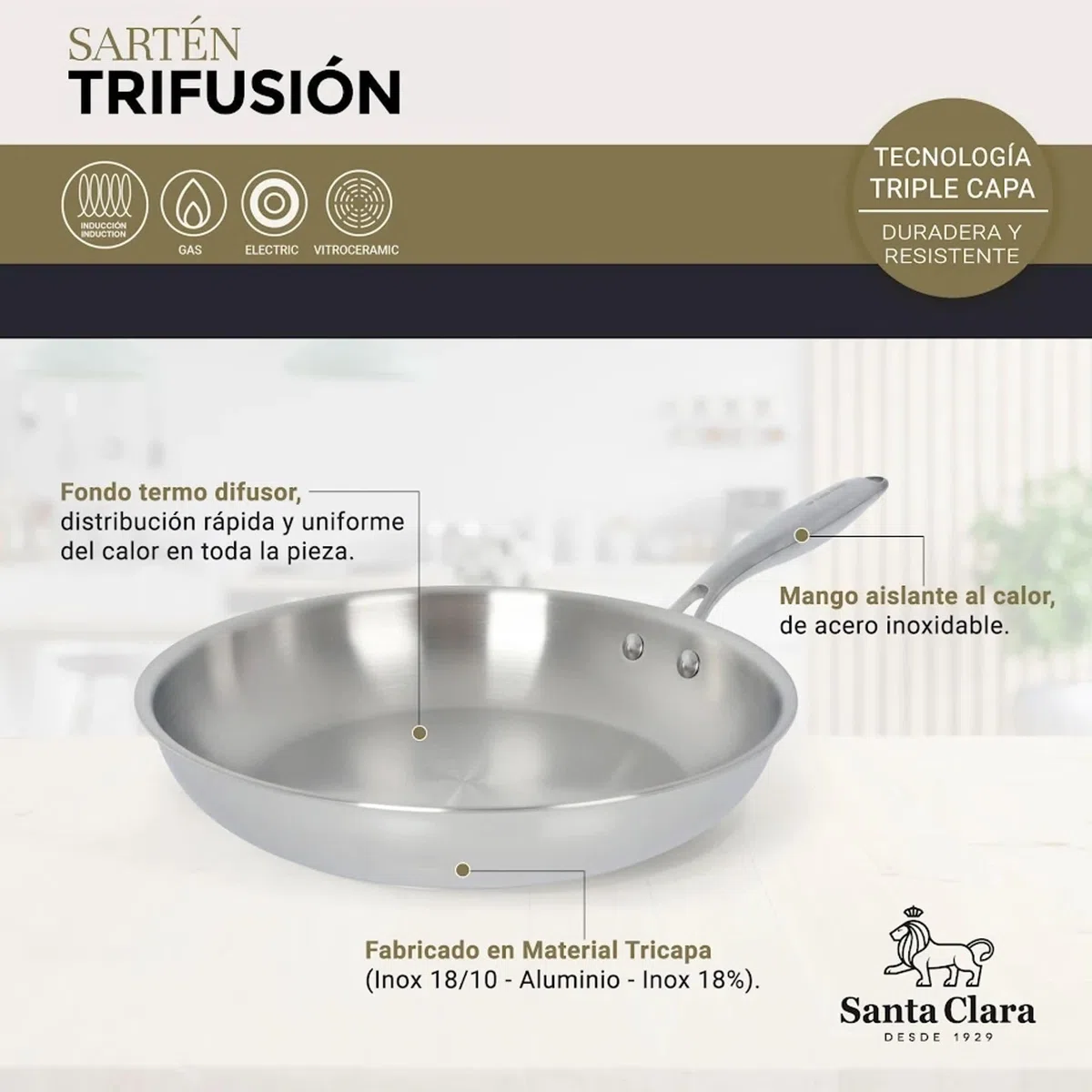 Santa Clara | Juego de Sartenes Acero Inoxidable 18/10 Trifusión 20-26-30 cm, Set de 3 Piezas Sin Revestimiento, Apta para Inducción, Horno, Gas y Vitro, Cocina Saludable y Libre de Tóxicos