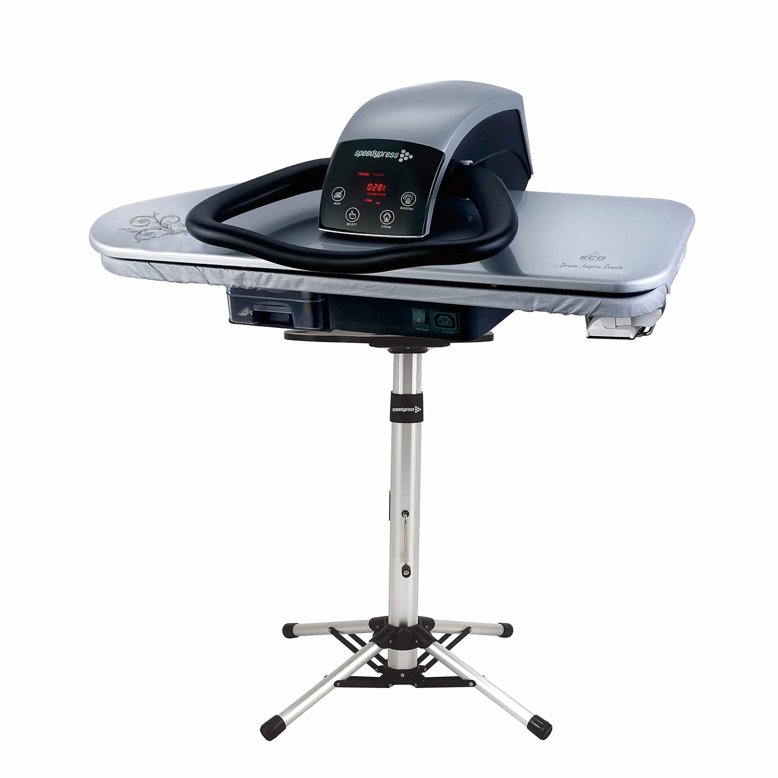 Speedypress - Prensa de planchado a vapor 91HD, color plateado, resistente, profesional, 91 cm con soporte (+ accesorio de plancha gratis, filtro de agua anticalcáreo, cubierta de repuesto y fieltro