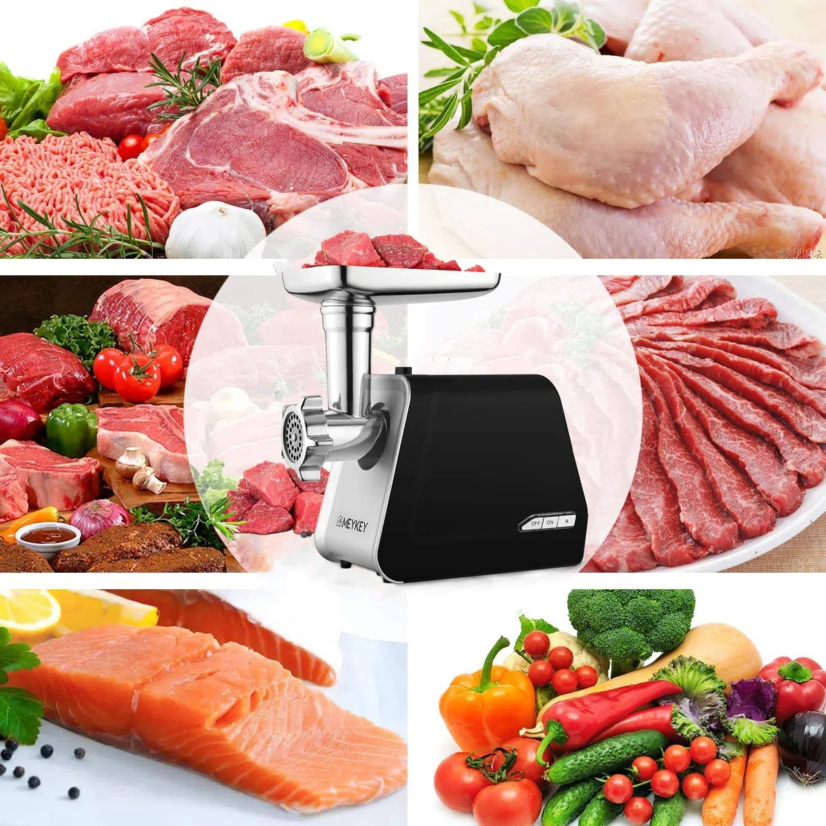 COOCHEER Picadora de carne eléctrica, 2000 W, picadora de carne picada con 3 discos perforados, accesorios para salchichas y kibbe para cocina doméstica, carne, comida para bebés