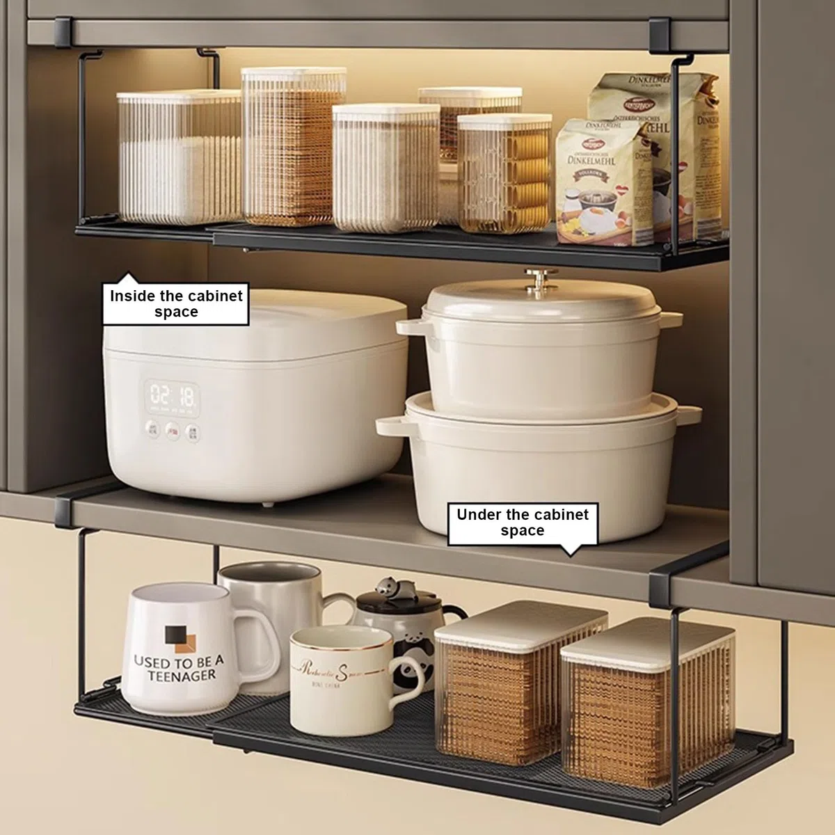 Cesta colgante de metal ajustable de 38 a 70 cm – Cesta extensible para estante inferior de cocina, organizador de estantería, cesta de almacenamiento de metal para cocina, armario, mesa