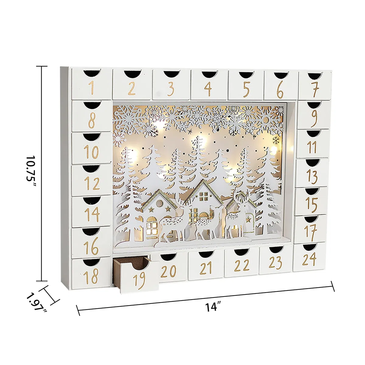 Calendario de Adviento de madera de polietileno con 24 cajones para llenar pequeños regalos, escena de Navidad con luces LED, cuenta regresiva para decoración de mesa de Navidad para adultos y niños,