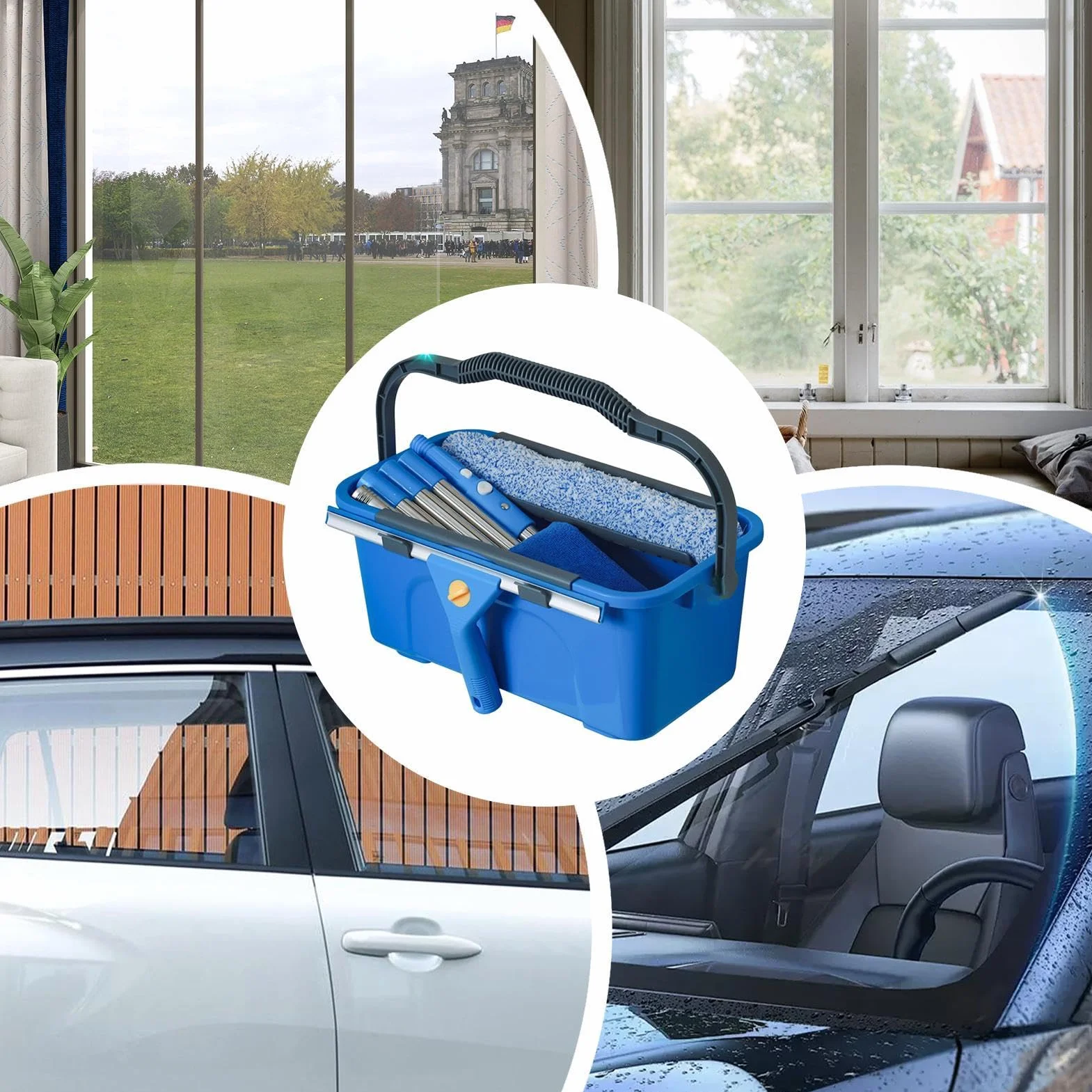Herramientas De Limpieza De Ventanas Con Paño De Microfibra Y Pértiga | Herramientas Limpiacristales Y Cubo Para Puertas De Patio, Parabrisas De Automóviles, Azulejos Y Vidrios, Profesi