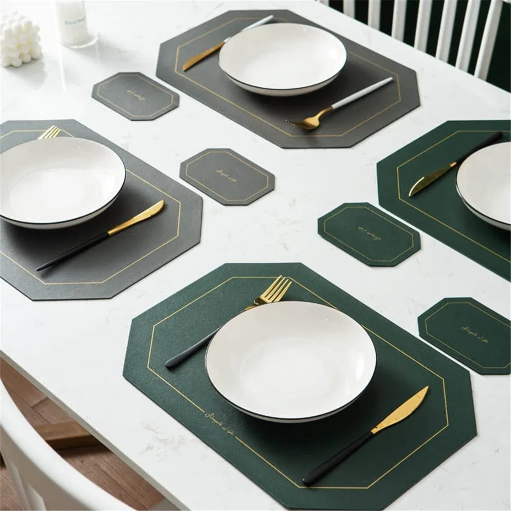 Salvamanteles, manteles individuales y posavasos, 4 Uds. De mantel individual de cuero octogonal con posavasos, mantel de cocina, almohadillas lavables for tazas (F 43 * 30cm) ( Color : Black Soul Eat