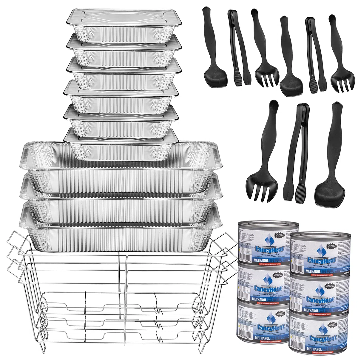 Juego de platos desechables para bufé, calentadores de alimentos para fiestas, 33 piezas completas de servidores de rozaduras con cubiertas, suministros de catering con sartenes de tamaño completo (9