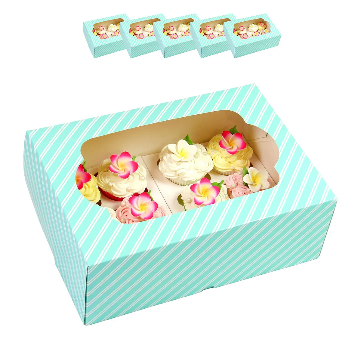 Global Sugar Art Caja de 12 cupcakes con ventana e inserciones para cupcakes, diseño de rayas azules de 14 x 10 x 4 pulgadas, 5 unidades
