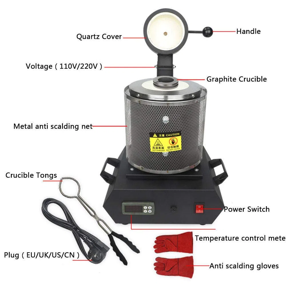 Horno Eléctrico de Fusión de Oro, 1KG/2KG/3KG Horno de Fusión Automático Digital Alta Eficiencia Horno Fundición Joyería Refinación Fundición de Metal para Chatarra Fundida Plata Cobre Aluminio,2KG