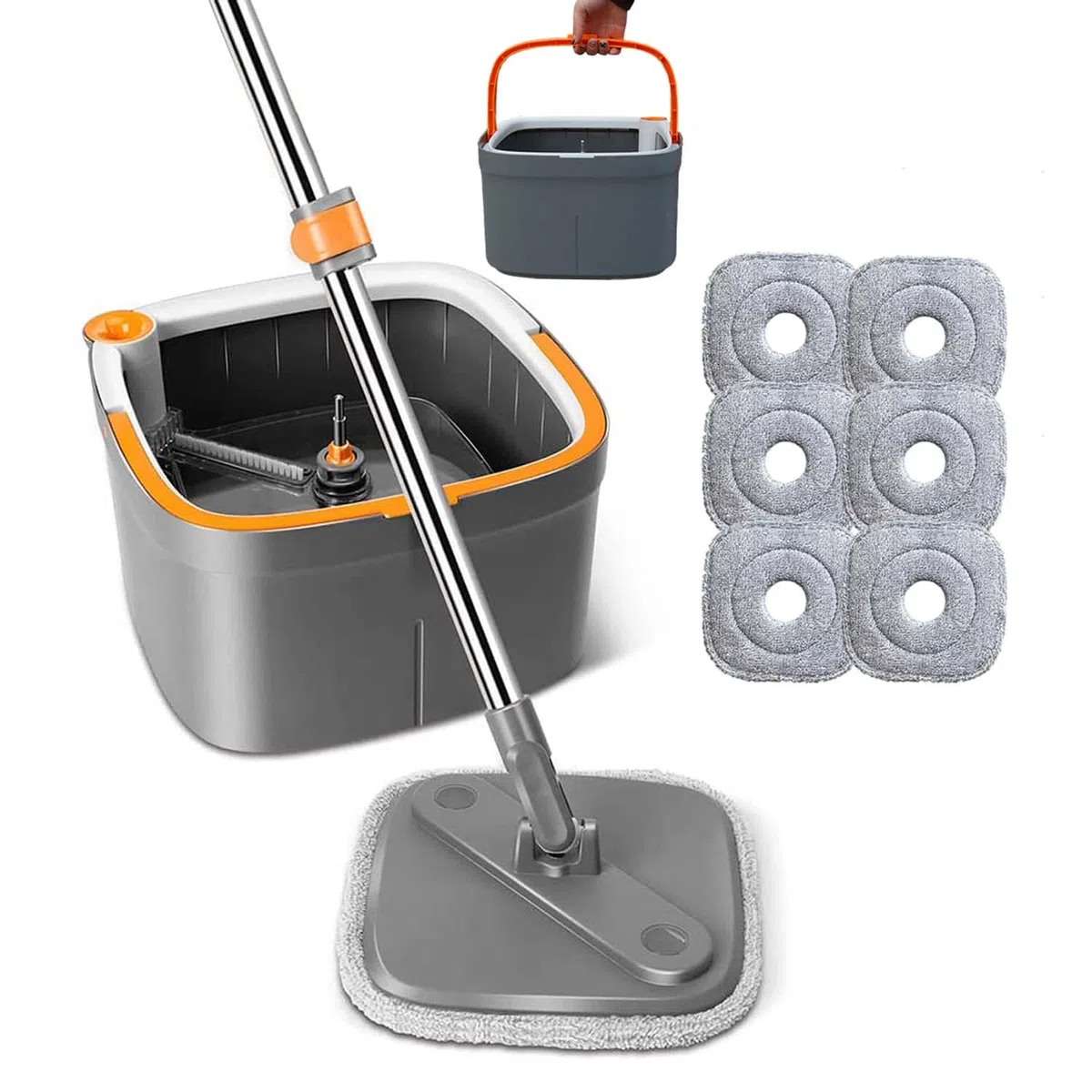 Juego de Fregona Giratoria y Cubeta con 6 Almohadillas de Reemplazables de Microfibra con Sistema de Separación Automática de Agua Sucia y Limpia Cabeza de Fregona Giratoria Autoescurrido
