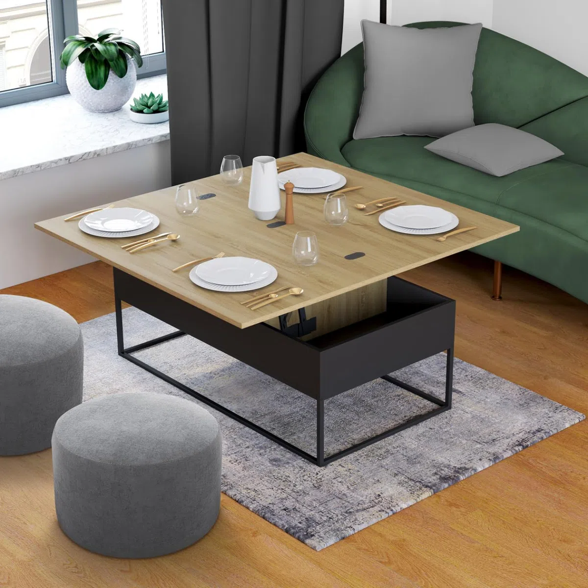 IDMarket - Mesa baja con bandeja elevable rectangular convertible en mesa de comedor Boston 100 cm diseño industrial