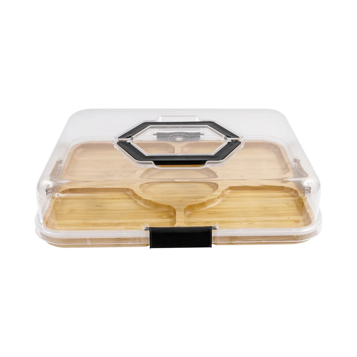 2 tablas de queso con tapa, bandeja para servir a madera de bambú, bandeja multifuncional con asa, tabla de charcutería para comida familiar, reunión, picnic, 35,3 x 28,3 cm (5 cuadrículas)