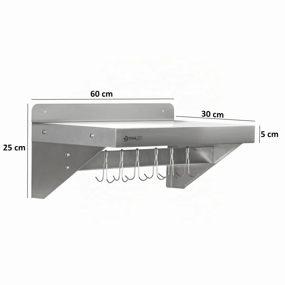 Mahlzeit Estante de Pared de Acero Inoxidable con Barra de Ganchos | 60 x 30 cm | Estante Colgante | Estante Cocina de Acero Inoxidable, Estante Flotante, Estante de Pared | Estantería para Cocina