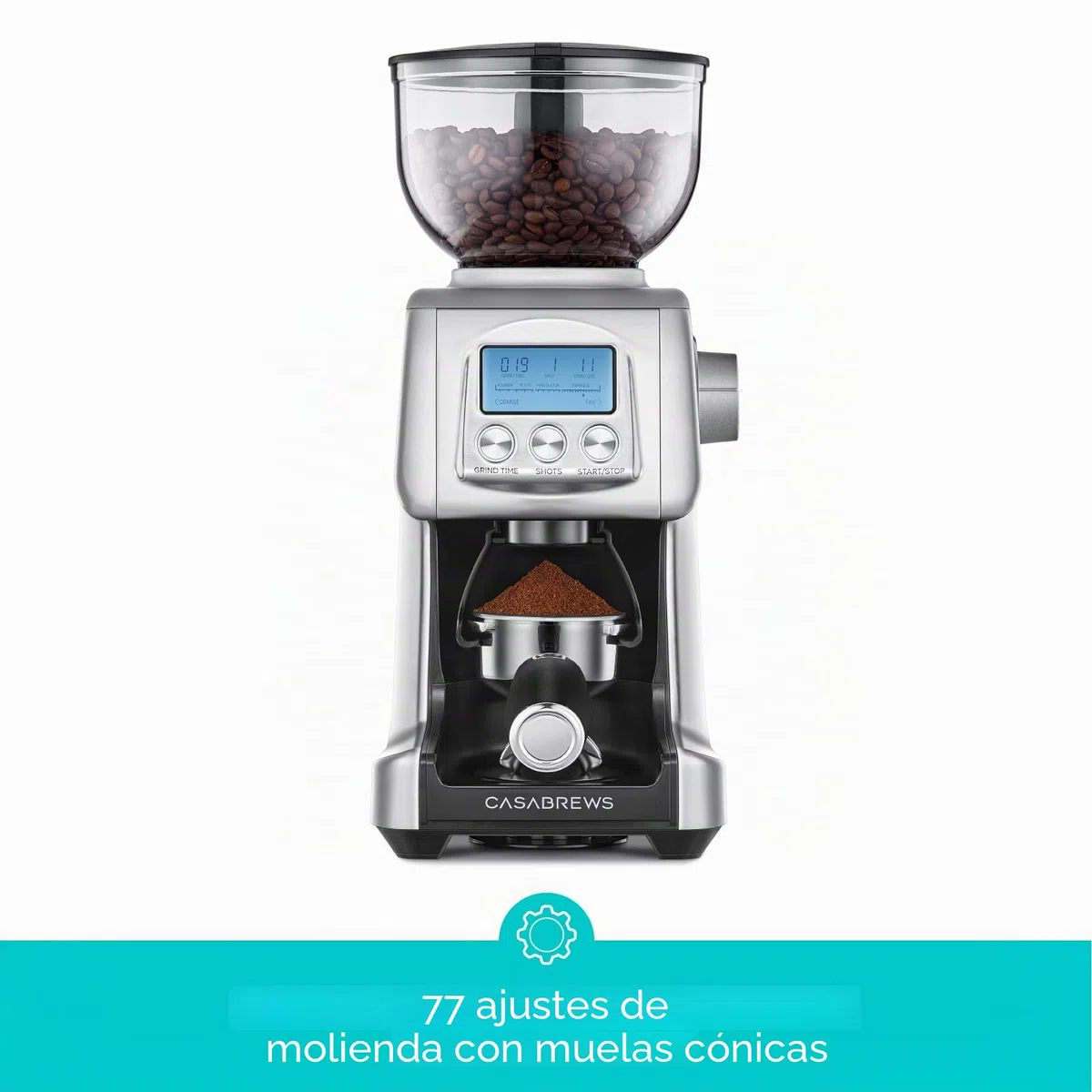 CASABREWS Molinillo de Café Eléctrico con 77 Niveles de Molido, Muelas Cónicas de Acero Inoxidable, Soporte Desmontable y Contenedor, Ajuste de Espresso a Prensa Francesa