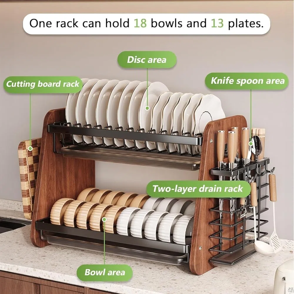 Escurridor de platos de madera de 2 niveles con accesorios de acero inoxidable, escurridor de platos de encimera con soporte extraíble para cubiertos para fregadero de cocina