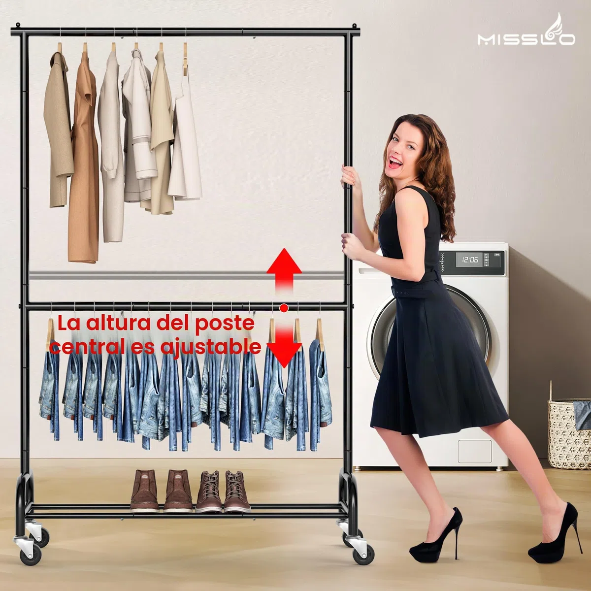 MISSLO Perchero resistente para colgar ropa con doble varilla, estante enrollable para guardarropa con ruedas, metálico, ajustable, color negro