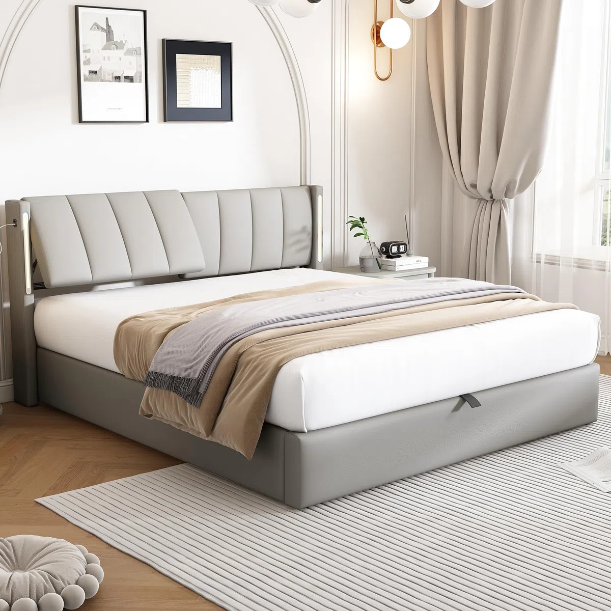 Cama Tapizada de 160x200 cm con Cabecero LED Inclinable y USB, Estructura de Cama Doble con Soporte de Láminas de Madera y Almacenamiento Hidráulica, Somier Metálico, PU, Gris, Sin Colchon