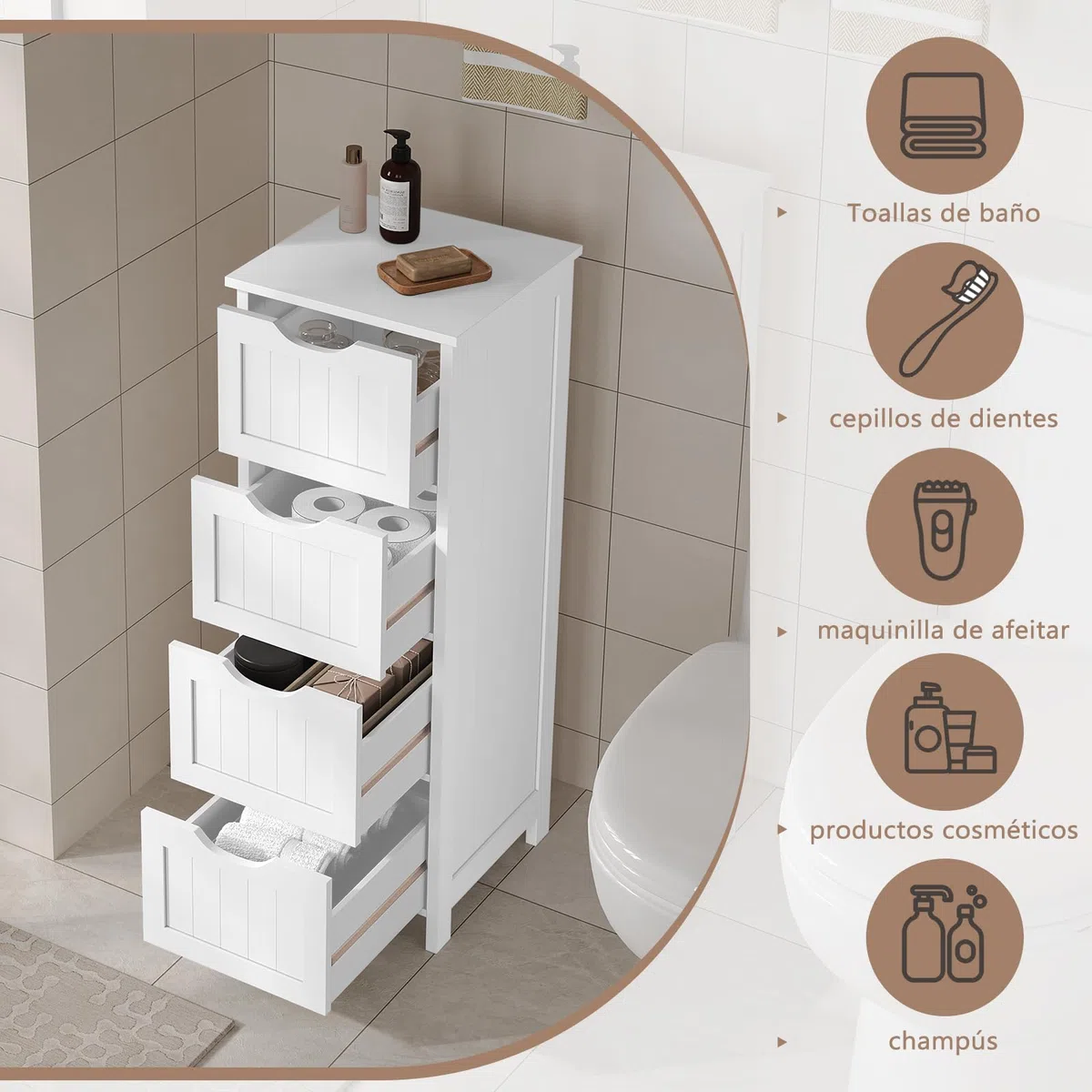 eSituro Armario de Suelo para Baño Auxiliar Pequeño Mueble Organizador de Cajones Laterales con 4 Cestas MDF Blanco 28 x 29 x 82 cm