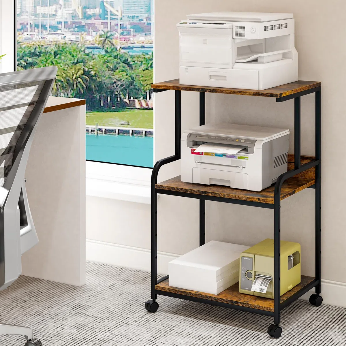 Soporte de impresora de 3 niveles, mesa de impresión con ruedas, carro de impresora de metal, estante para oficina, hogar, escuela y estudio, armario de impresora para fax, fotocopiadora, escáner