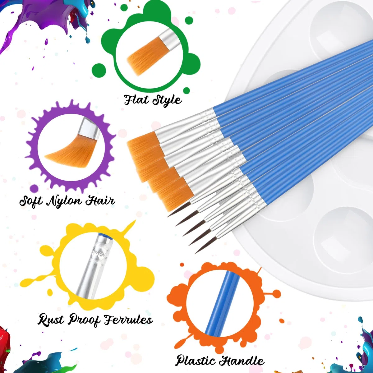 Juego de 100 pinceles de pintura de nailon, 50 paletas de bandeja de pintura, paletas de plástico, pinceles de pelo de nailon para acrílico, aceite, acuarela, estudiantes, fiesta de pintura
