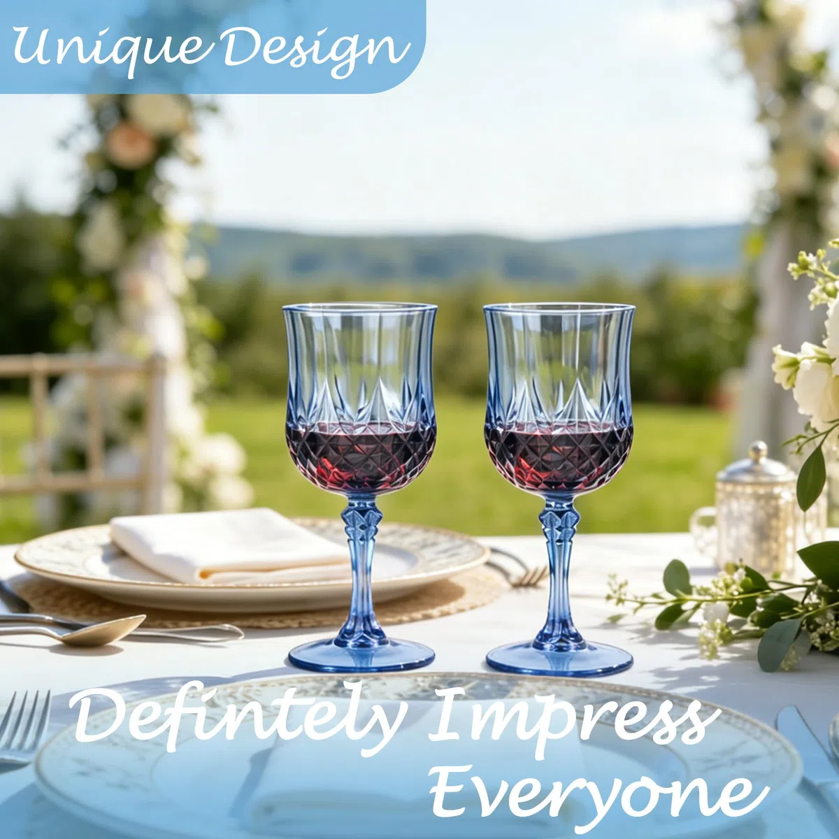 Paquete de 24 copas de vino de plástico, copas vintage de 7 onzas para boda | Vaso reutilizable de cristal irrompible, elegante vaso azul para fiesta, aniversario y celebración de vacaciones
